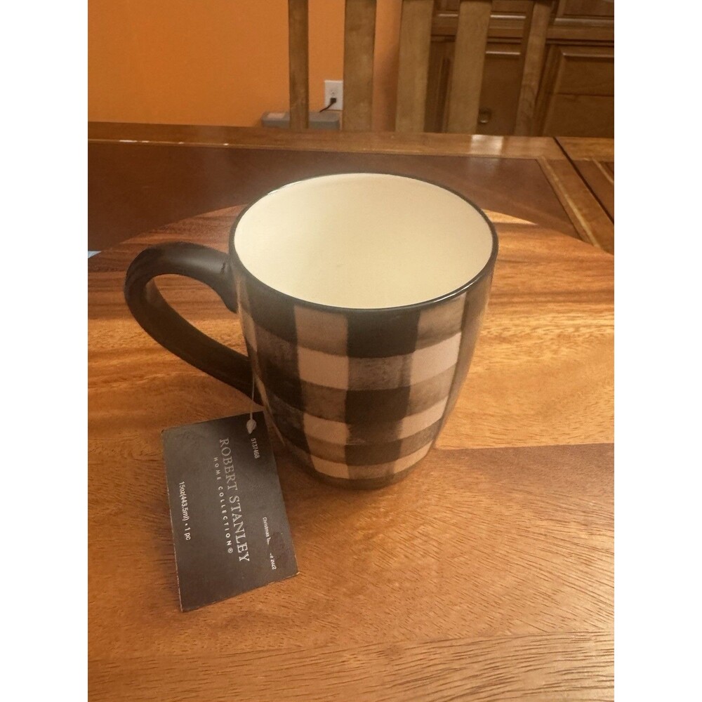 Robert Stanley Black & White Buffalo Check Plaid Coffee Tea Mug Cup 16 Oz